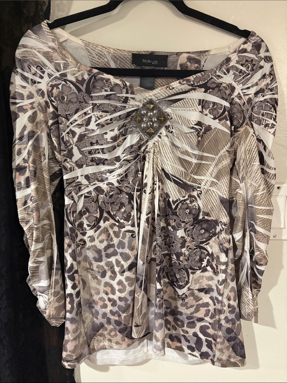 Style & Co. Neutral Mixed-Print Long Sleeve Top with Jeweled Accent Y2K